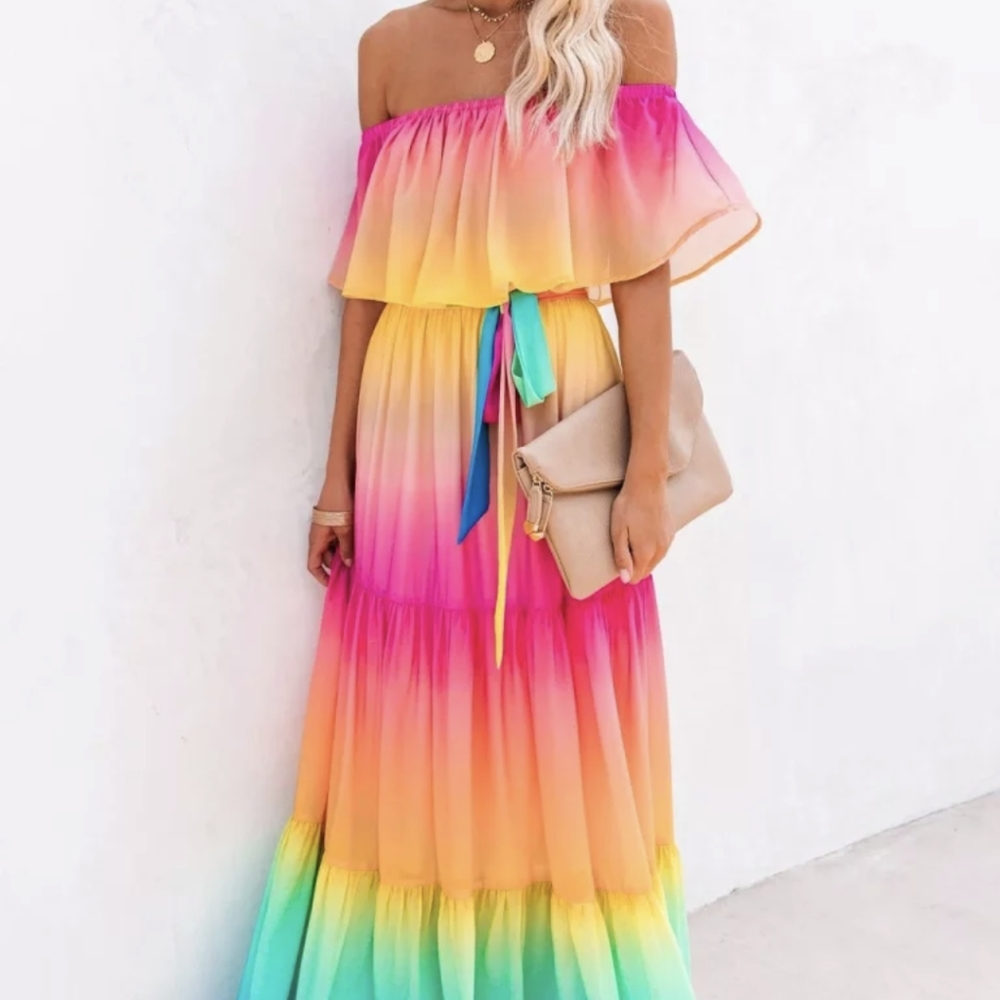NWT Rainbow Ombre Boho Maxi Summer Dress S: Sm-Med - Picture 4 of 14